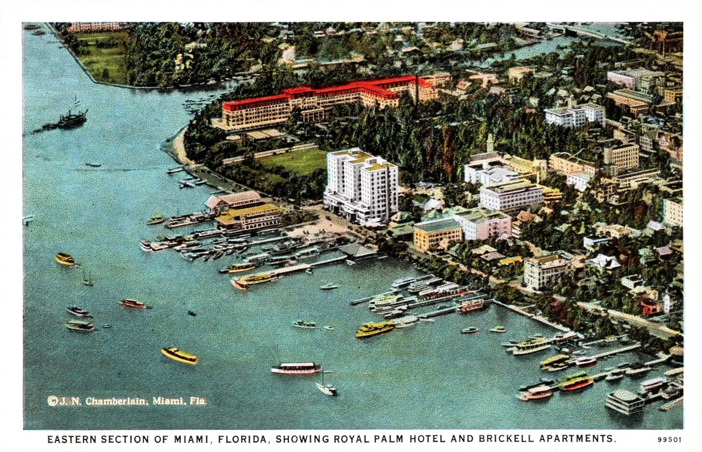 A 1923 aerial postcard of eastern Miami and the river mouth crowded with boats